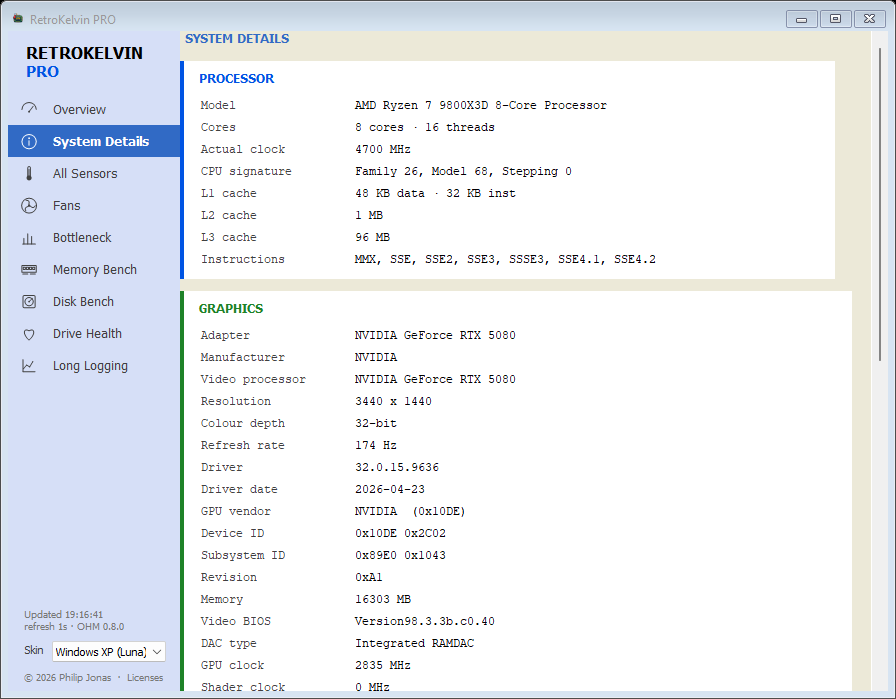 RetroKelvin PRO System Details: CPU registers, caches, GPU device IDs and video BIOS