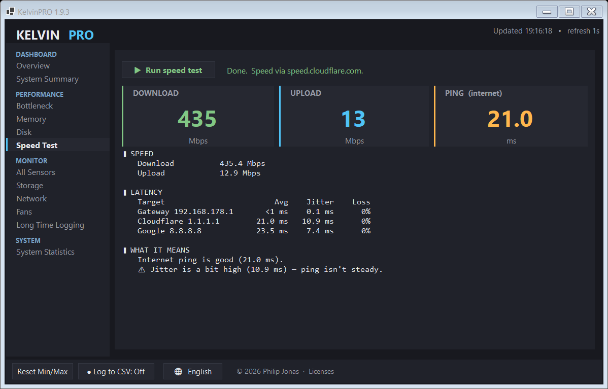 Kelvin PRO speed test showing download, upload, ping, jitter and packet loss