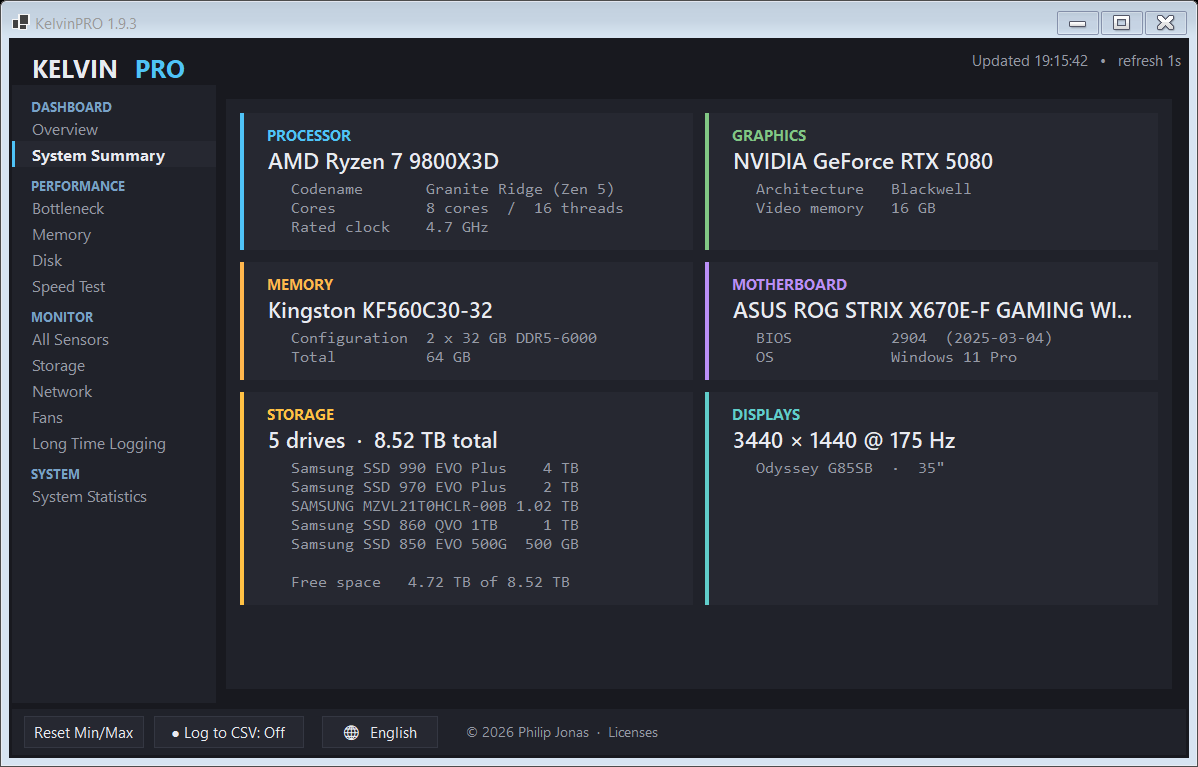 Kelvin PRO system summary showing CPU, GPU, RAM, storage, motherboard and monitors